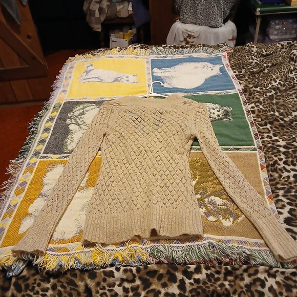 Ann Taylor Loft Women's Size Small Cream Gold Long Sleeve Deep V Neck Sweater - Picture 6 of 13